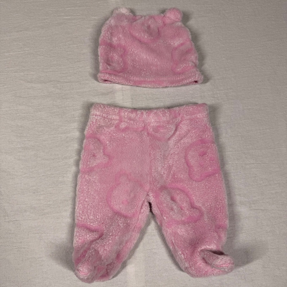 Mini Hop Newborn Fuzzy Pink Plush Bear Footed Pants & Hat Set Bear Ears NB